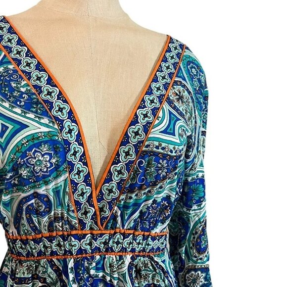 Trina Turk dress Women's XS blue green patterned mini low V neck open back - Picture 2 of 8